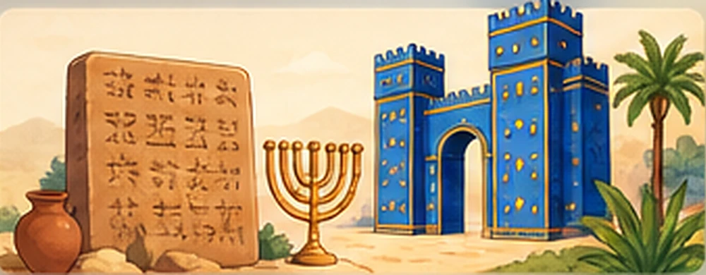 Illustration of students exploring Jewish Iraqi heritage, Baghdad archives and shared history