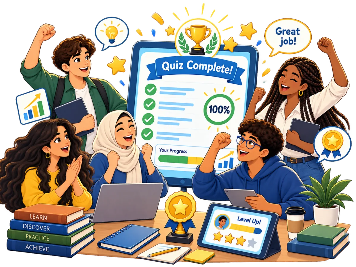 Illustration of students celebrating completion of the learning quiz