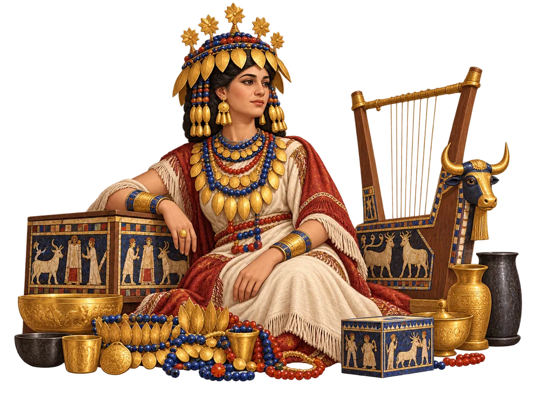 Illustration of an elite woman inspired by the jewelry, lyres and luxury objects of Ur’s Royal Cemetery.